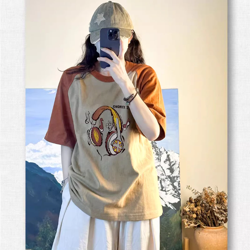 เสื้อยืดสวยๆผู้หญิงที่กําลังฮิต  oversize เสื้อผ้าแฟชั่นไซส์ใหญ่น่ารัก เสื้อโอเวอร์ไซส์เกาหลี สีทูโทน พิมพ์ลายวินเทจ
