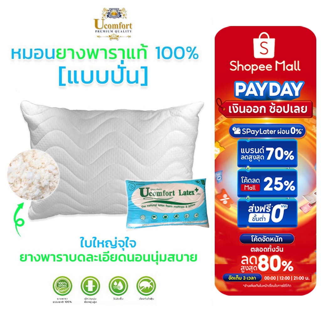 UCOMFORT หมอนยางพาราปั่น100% ใบใหญ่ หุ้มปลอกด้วยผ้าขนนก