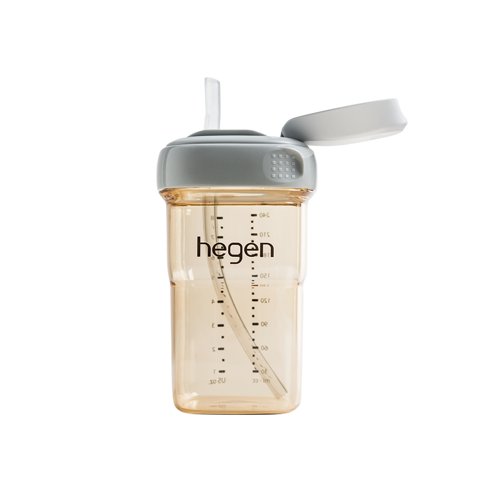 Hegen ขวดดื่มน้ำพร้อมหลอด ขนาด 8 ออนซ์/ 240 มล. สำหรับ 6 เดือน+ สีเทา - Straw Cup (Slow Flow)