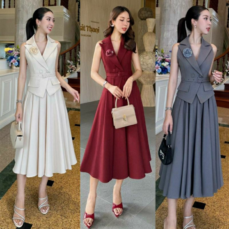 (S-XL)  CHARISSA 📣พร้อมส่งเซ็ทเสื้อแขนกุด+กระโปรงยาว+เข็มขัด+เข็มกลัดดอกไม้ทรงสวยเข้ารูปเนื้อผ้าอย่างดี