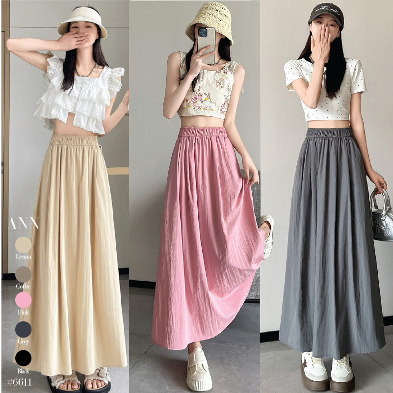 กระโปรงยาวสีชมพู/สีดำ ทรงเอ ผ้าฝ้าย เอวยางยืด ทรงสวยผ้าพริ้วทิ้งตัว ใส่พรางหุ่นดี #6611