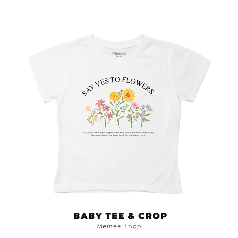 Memee ~ เสื้อครอปผ้าคอตตอน  ทรงBaby Tee (ดอกไม้)เสื้อผู้หญิง