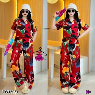 TT15031 Set 2 ชิ้น เสื้อเชิ้ตลายดอกไม้ + กางเกงขายาวเข้าเซต Set of 2 pieces. Floral shirt + trousers in a set.