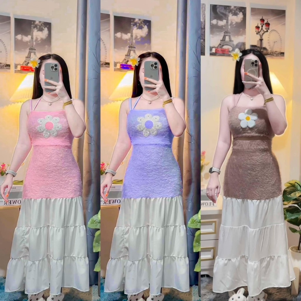 S13ชุดเซ็ต2ชิ้นเสื้อคอปผ้าขนนุ่มๆแต่งระบายชายกระโปรงเเต่งอะไหล่ดอกไม้