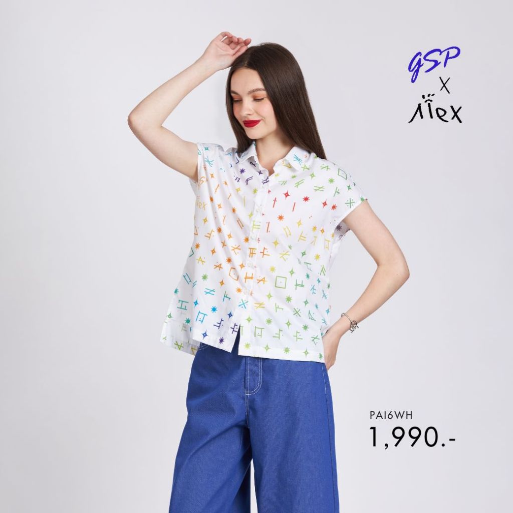 GSP Woman's shirt Alex's font เสื้อเชิ๊ตผู้หญิง แขนล้ำ สีขาว PAI6WH