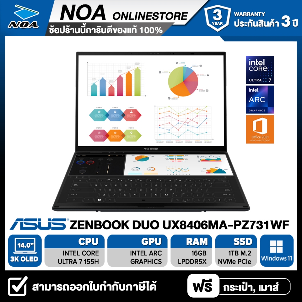 NOTEBOOK (โน้ตบุ๊ค) ASUS ZENBOOK DUO OLED UX8406MA-PZ731WF 14" 3K OLED รับประกันซ่อมฟรีถึงบ้าน 3ปี