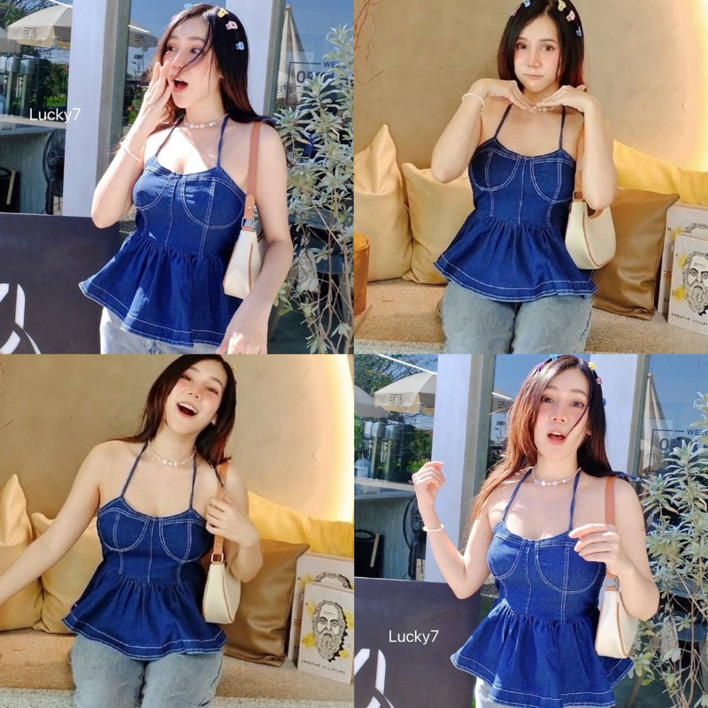 BY IRA Denim Halter top (23119) ท็อปผ้ายีนส์สายผูกคอ ชายระบาย ด้านหลังสม็อค น่ารักฝุดๆ
