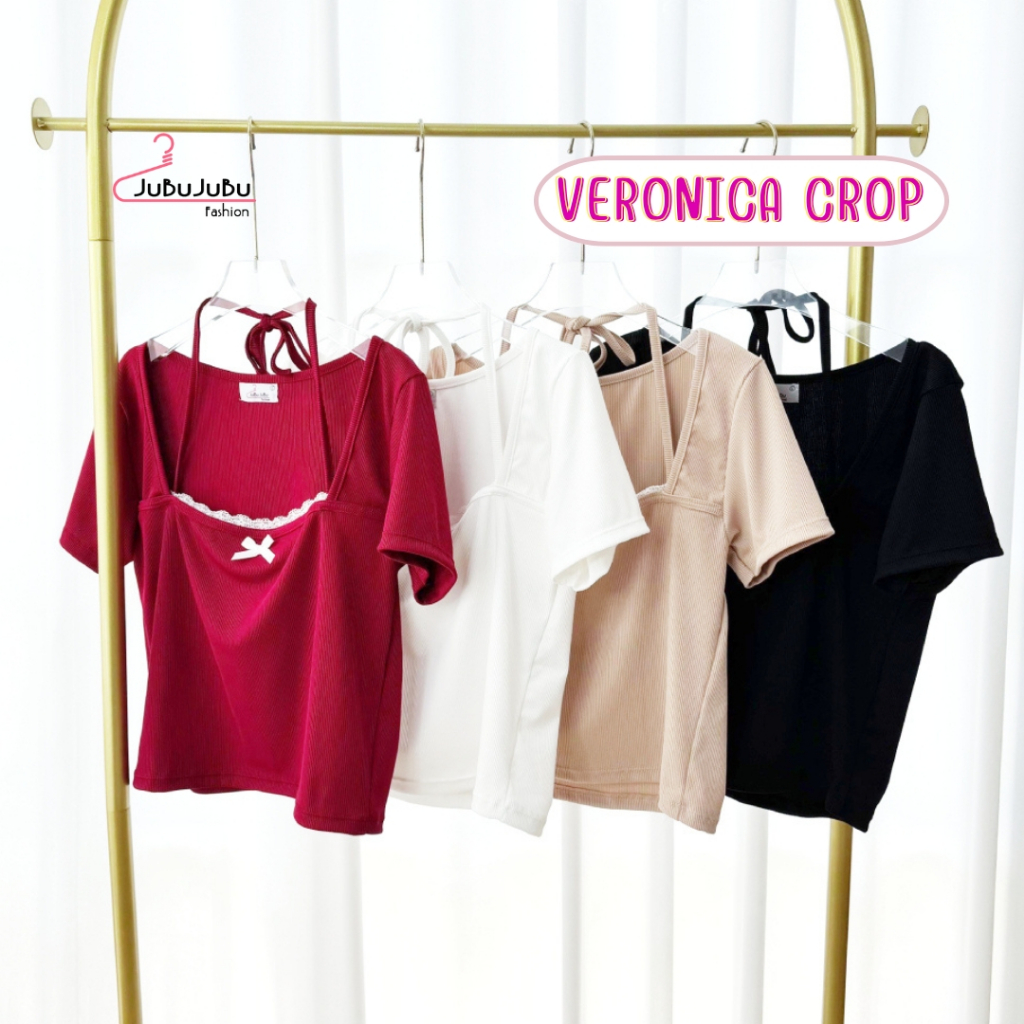 JuBu JuBu Veronica Crop เสื้อครอปคอเหลี่ยม คล้องคอ แต่งลูกไม้น่ารักๆ ผ้าร่อง สาวอวบ อก35-46นิ้ว#571