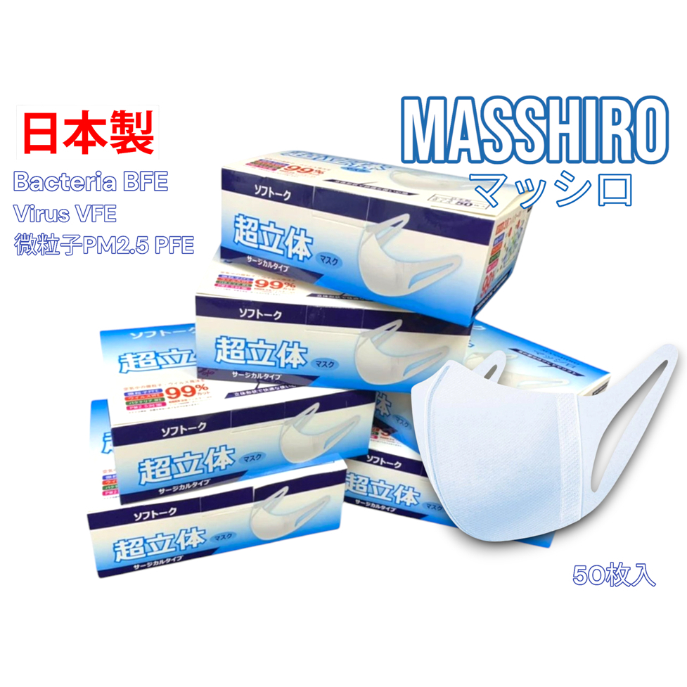 MASSHIRO 3D Mask หน้ากากอนามัย ทรง3D มาตราฐาน FFP2 1 กล่อง 50ชิ้น