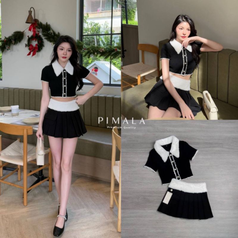 Pimala เซตเสื้อคอปกขนเฟอร์สีขาวนุ่มมากกระดุมหน้าใช้ได้จริงน้าขอบเฟอร์สีขาว เนื้อผ้ายืดหยุ่นหนานิ่ม มาคู่กับกระโปรงสีดำ