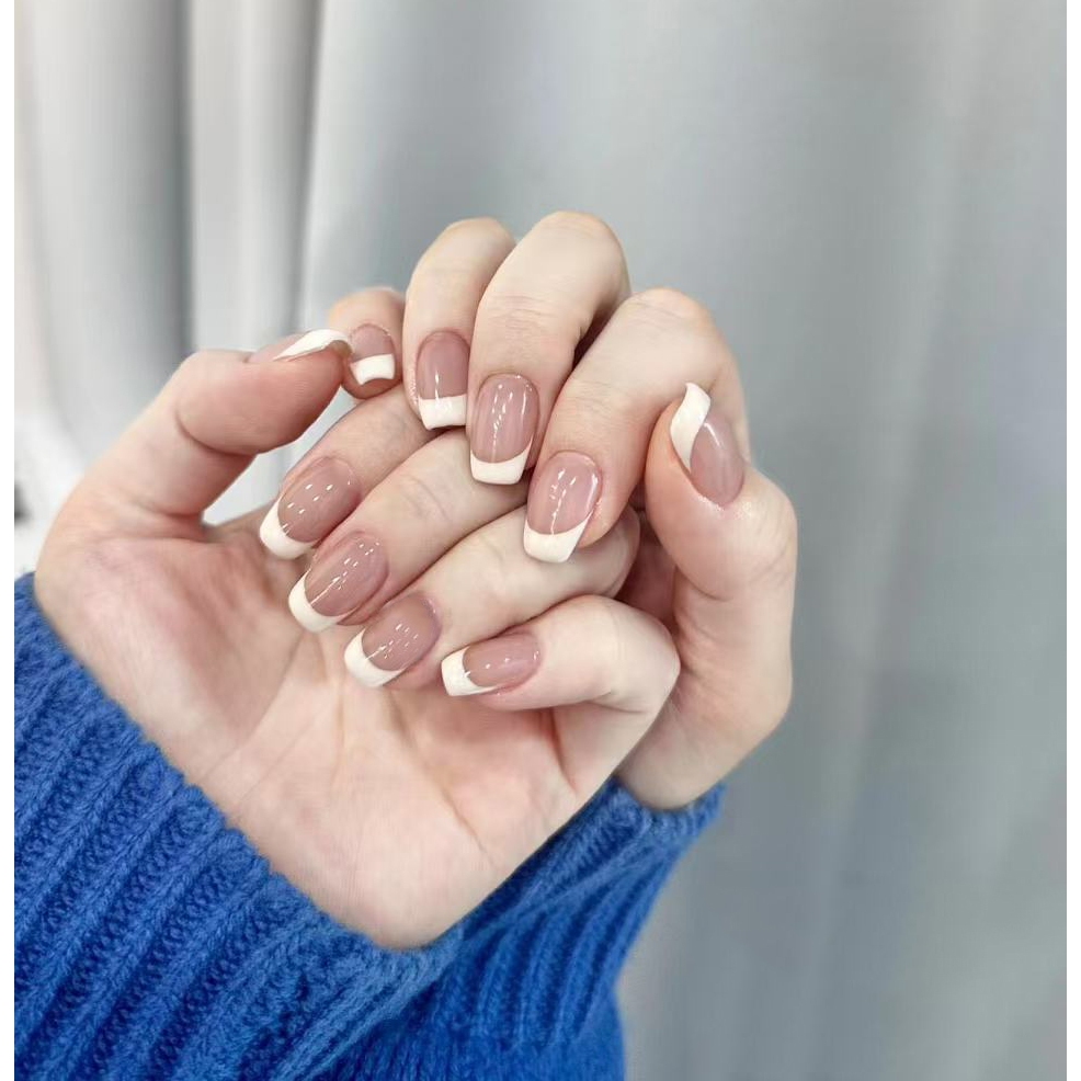 เล็บปลอม แบบสั้น สีชมพู ขาว สําหรับผู้หญิง จํานวน 24 ชิ้น