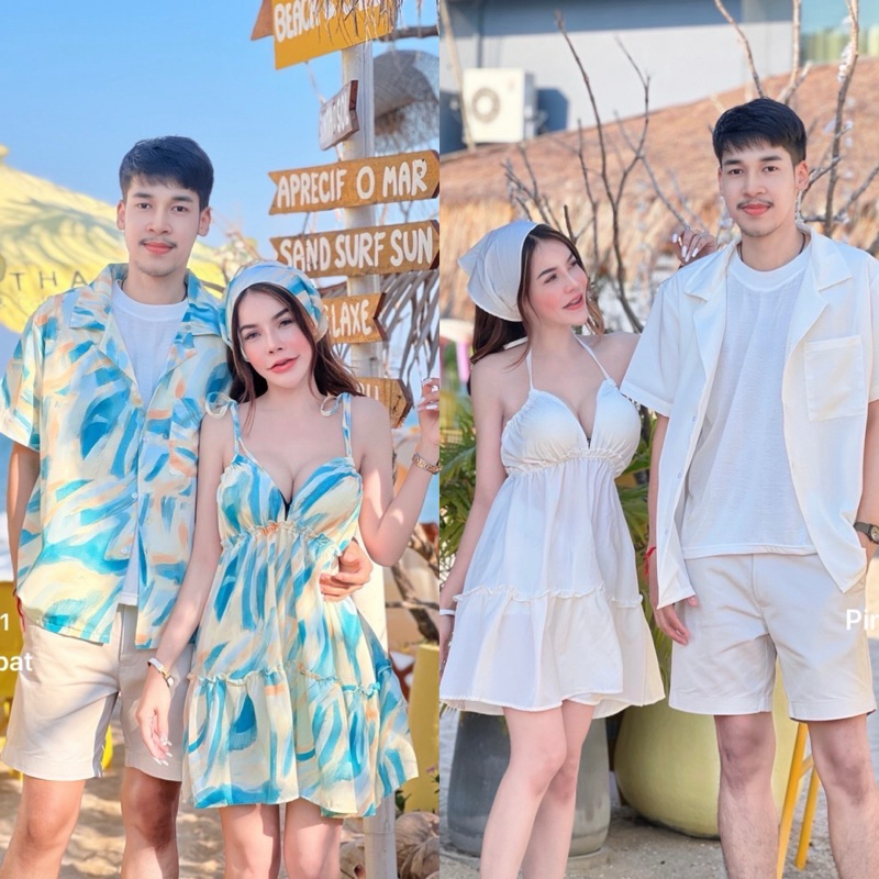 ชุดคู่ เซ็ต3ชิ้น มินิเดรสสายเดี่ยว คล้องคอผูกหลัง  มีฟองน้ำในตัว มาพร้อมผ้าโพกผม+เสื้อฮาวายผู้ชาย