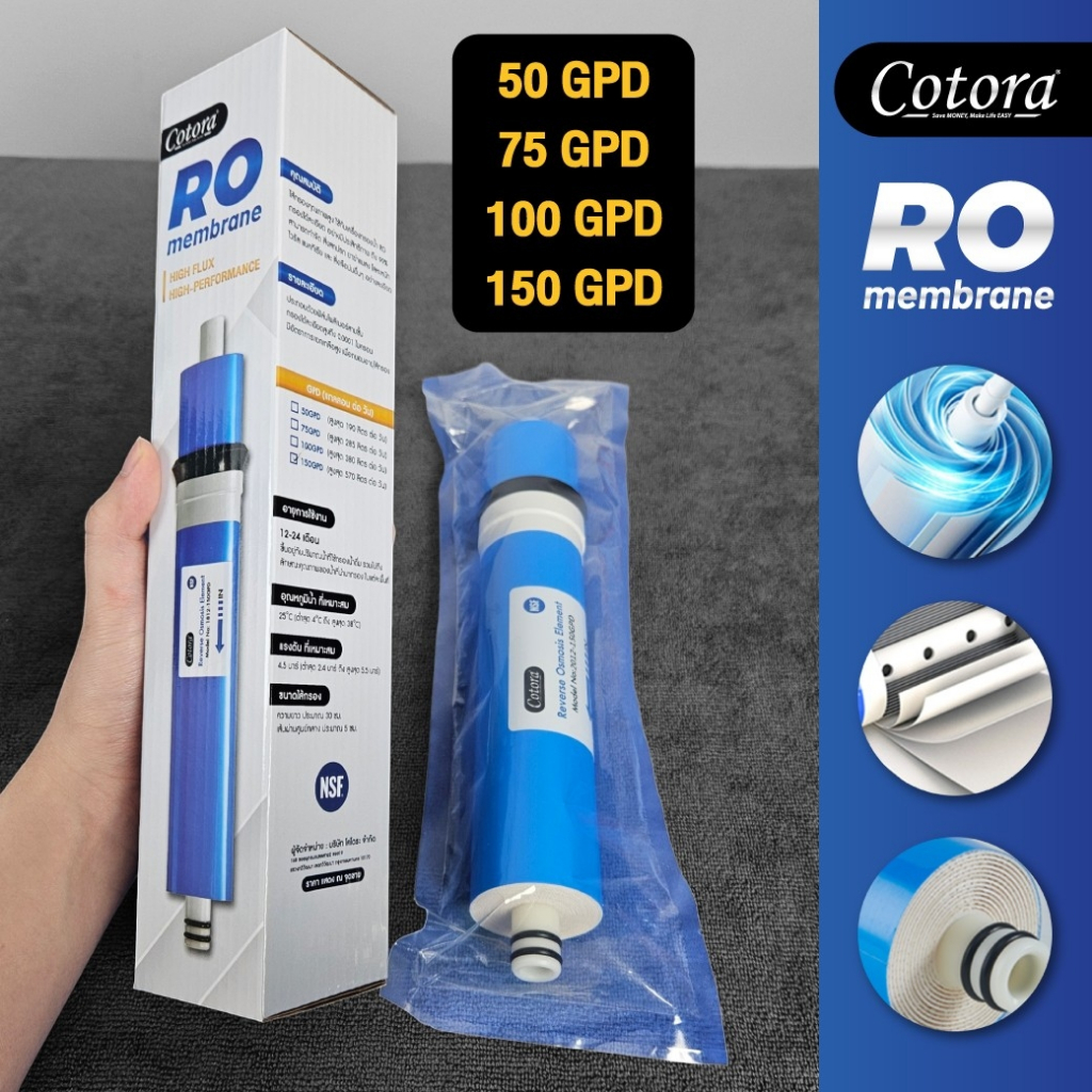 ไส้กรองน้ำ ไส้กรองเมมเบรน RO เมมเบรน Membrane 50 75 100 150 GPD เครื่องกรองน้ำ Cotora