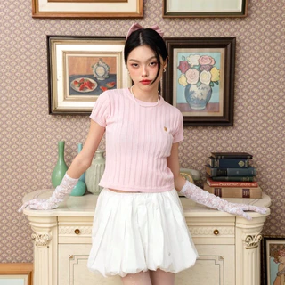 CHUUCHOP - (S-2XL) Clair Knit Top เสื้อไหมพรมแขนสั้น ผ้าร่อง(C8371)