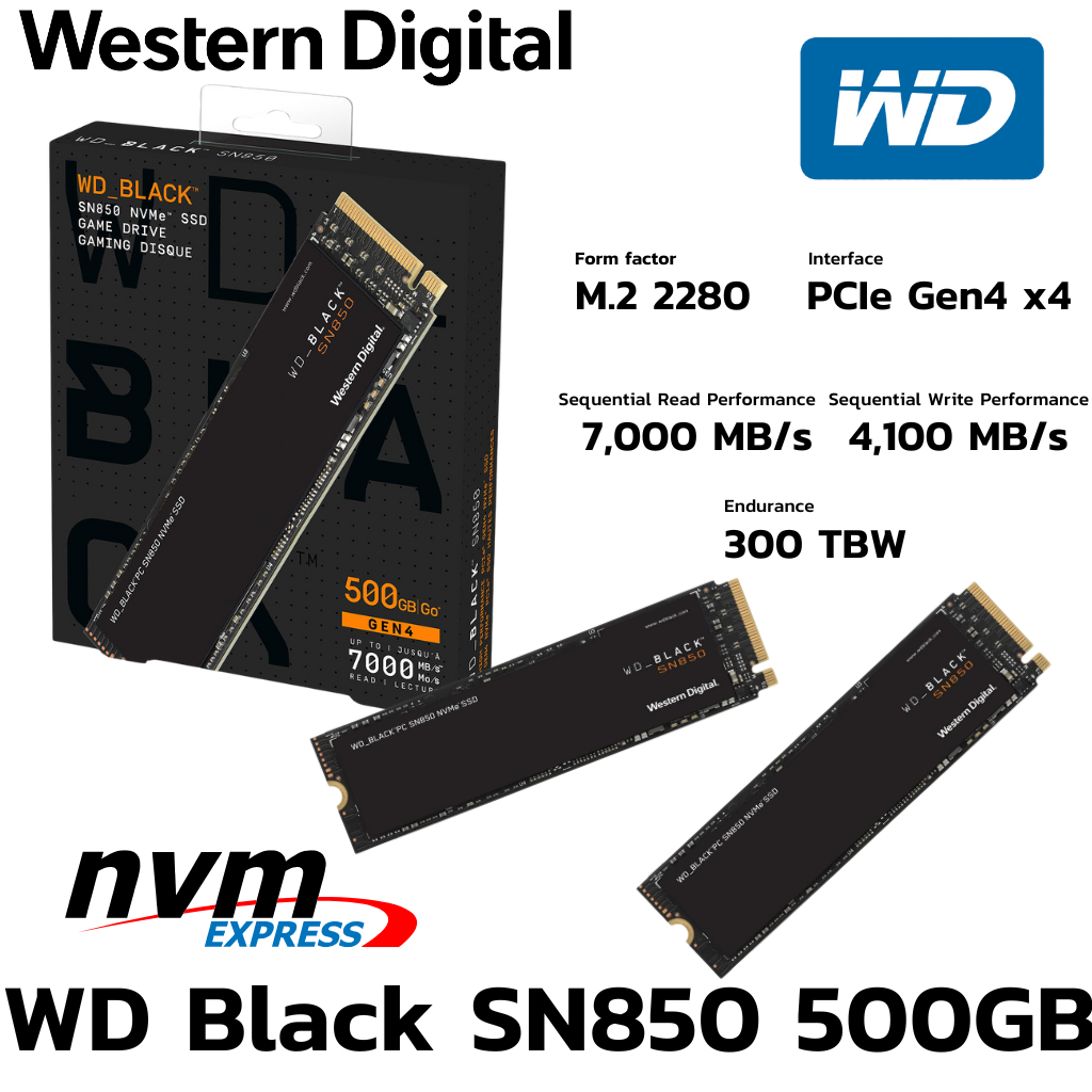 M.2 500 GB SSD (เอสเอสดี) WD BLACK SN850 (WITHOUT HEATSINK) - PCIe 4/NVMe M.2 2280 (WDS500G1X0E)