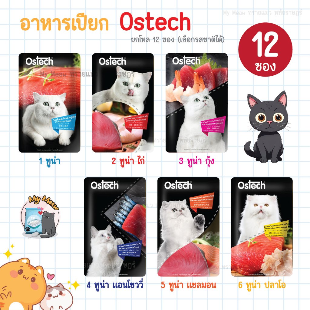 ยกโหล 12ซอง Ostech Black Label อาหารเปียกแมว ออสเทค ขนาด 80 กรัม ผลิตจากทูน่าเนื้อแดง ซองสีดำ