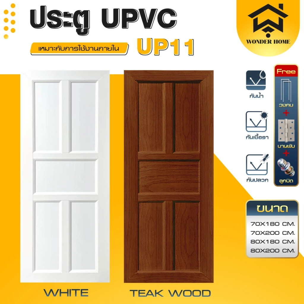 Wonder Home ประตูใช้ภายใน วัสดุUPVC UP 09- UP12 ประตูพร้อมวงกบ แถมลูกบิด!! ครบเซ็ตพร้อมติดตั้ง