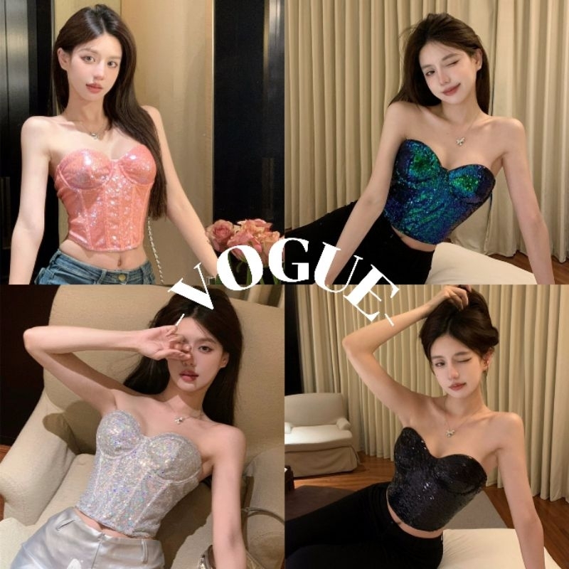 Vogue พร้อมส่ง เสื้อเกาะอก สีสดใส มีฟองน้ำยืดตามตัว (FY1128)