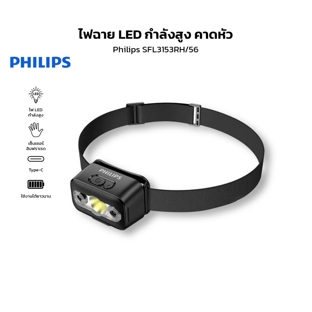 Philips ไฟฉายคาดหัว แสง LED เซ็นเซอร์อินฟาเรด Type-C กำลังไฟสูง