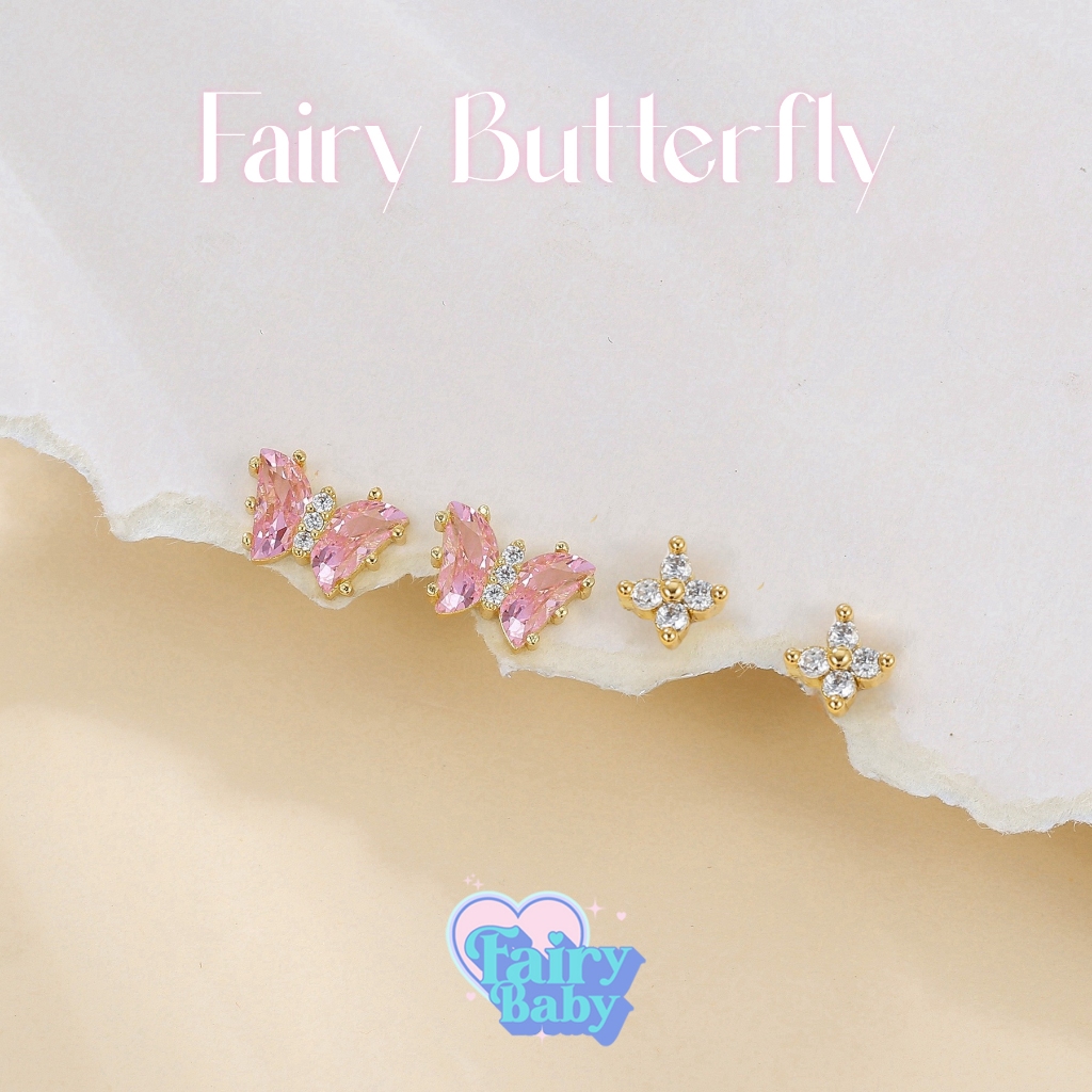 Fairybaby เซทต่างหู Fairy Butterfly ชุดต่างหู 4 ชิ้น ตุ้มหู ผีเสื้อ น่ารัก (E3-005)