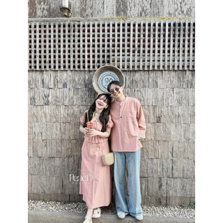 PEACH-รหัสPF2 Couple outfits เนื้อผ้าฝ้ายกดแยกชิ้น แม่กำปอง