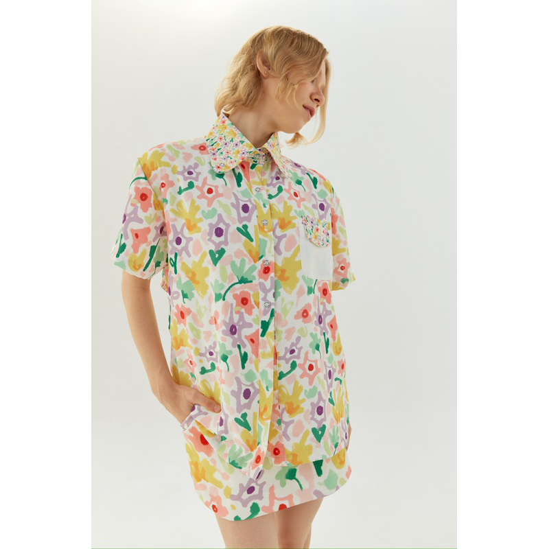 Nadine floral print - Top-shirt เสื้อเชิ้ตแขนสั้นดีเทลถ่วงหลัง