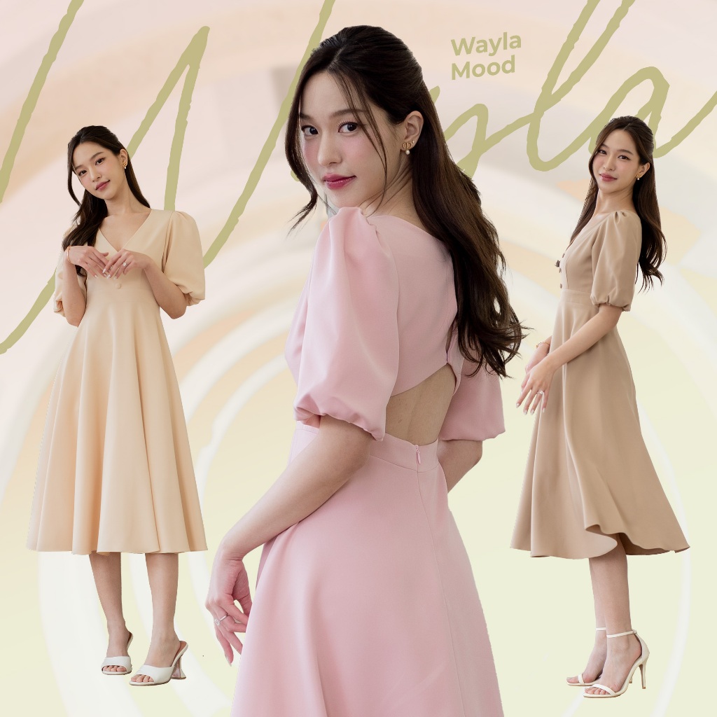 WAYLA Mood (Primrose/Ivory/Sandy) เดรสคอวี แขนบอลลูน กระโปรงทรงย้วย