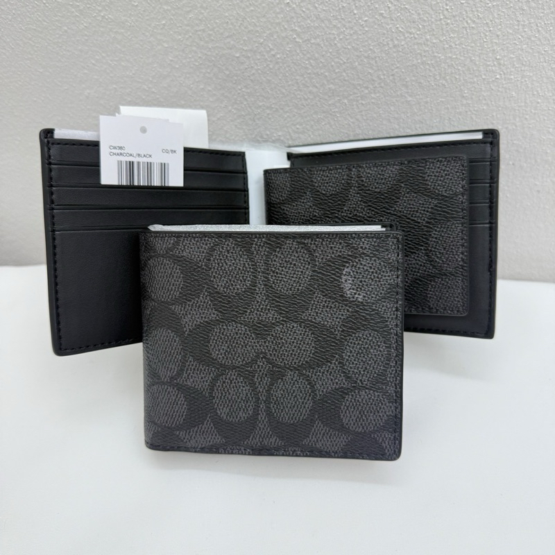 Coach cw380 กระเป๋าสตางค์ใบสั้นผู้ชาย รุ่นมีไส้ ลายcสีเทาดำ