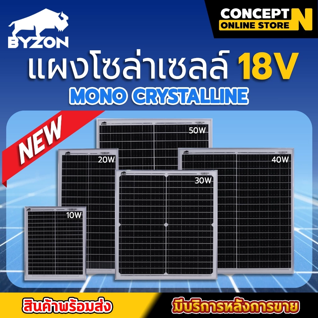 แผงโซล่าเซลล์ BYZON 18V 10W 20W 30W 40W 50W MONO พร้อมสายคีบแบต Solar Cell โซล่าเซลล์ Solar Panel กันน้ำ ประกัน 3 เดือน