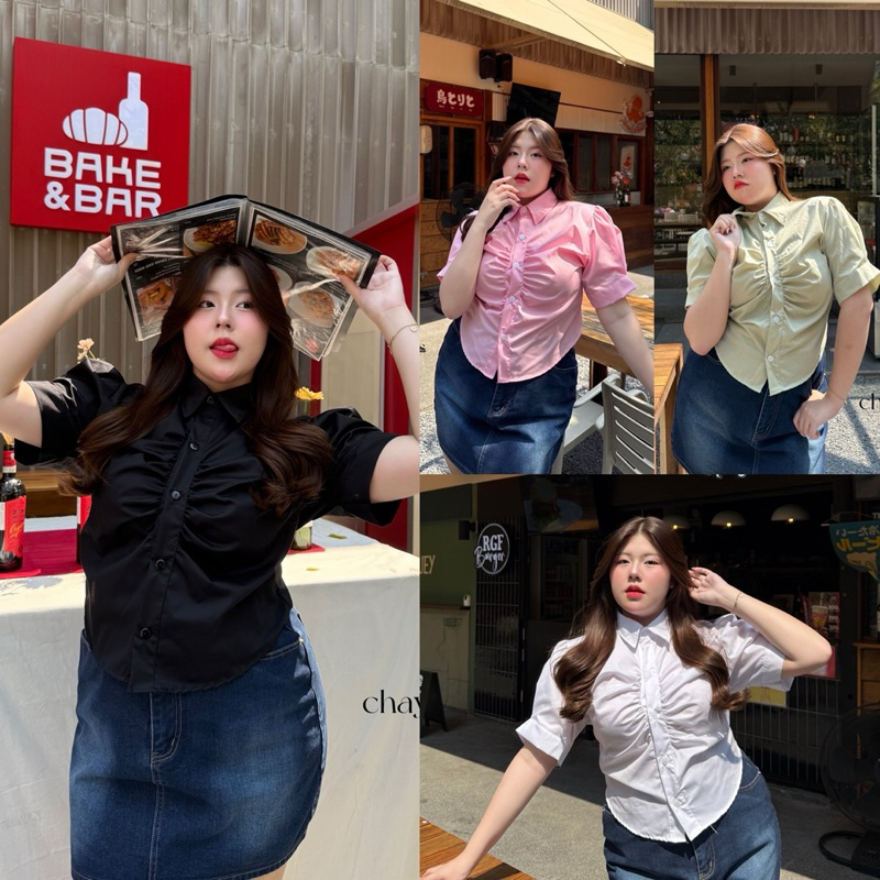 ✅เข้าเพิ่ม พร้อมส่งค่า /LD/ เสื้อเชิ้ตสาวอวบ แต่งย่นอก แขนตุ๊กตา ผ้าคอตตอน #สาวอวบอ้วน พลัสไซส์