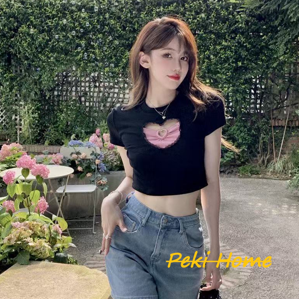 เสื้อครอปแขนสั้นดีไซน์เก๋มีลายหัวใจเจาะตาข่ายสำหรับสาว
