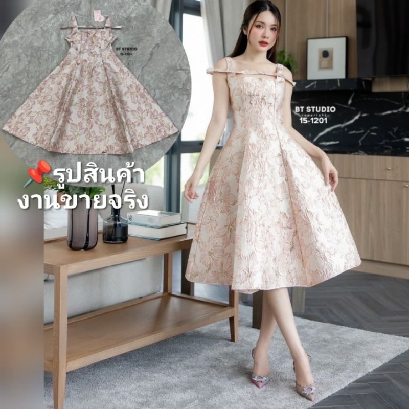 ชุดคุณภาพดี ตรงปก พร้อมส่งเลย *ส่งไว เดรส​เจ้าหญิง คาดเพชร ผ้าลายนูน สวยสง่า หรู สายเดี่ยว​ ชุดออกงานสี​ ชมพู​ BTstudio​