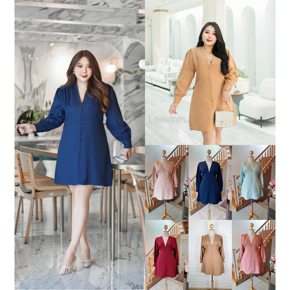 เดรสคอวี แขนยาว กระโปรงทรงเอ แต่งกระดุมปั้มยาวด้านหน้า ชุดทำานสาวอวบ เดรสทำงานไซส์ใหญ่ ชุดทำงานคนอ้วน ชุดทำงานพลัสไซส์LN