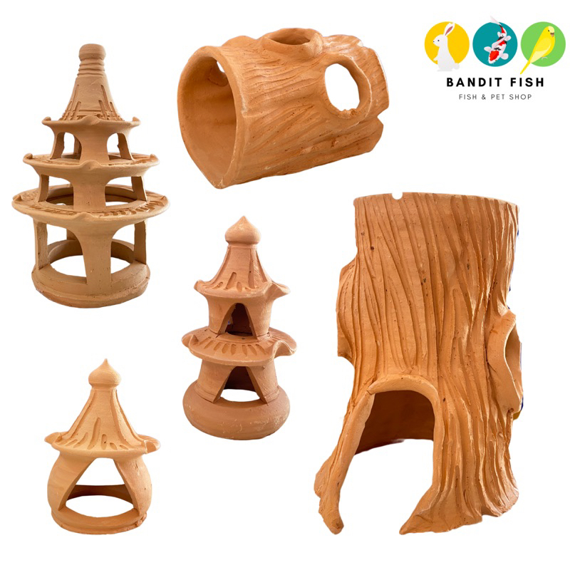 ดินเผาตกแต่งตู้ปลา บ้านปลา บ้านกุ้งแคระ บ้านแฮมสเตอร์ (สินค้าทำมือทุกชิ้น ลวดลายอาจแตกต่างกันไปเล็กน้อย)