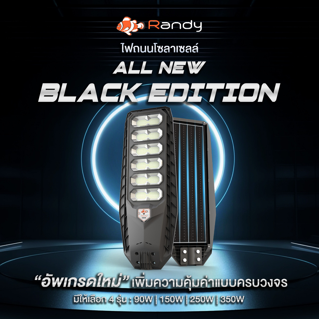 Randy โคมไฟถนนโซล่าเซลล์ All-in-One 90W-1200W สว่างจ้ากันน้ำทนทาน ใช้ฟรี100% ตลอ