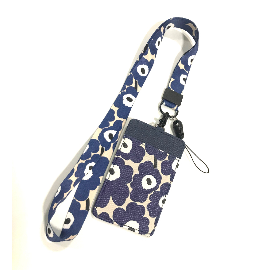 Merimekko สายคล้องคอ สายคล้องบัตร ที่ใส่บัตร  พร้อมสายคล้องคอ ลาย  ดอกไม้  B W น้ำเงิน  น่ารัก    MN