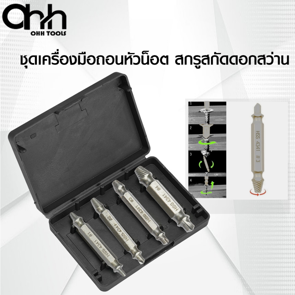 SKY Tools ชุดถอนสกรูเกลียวซ้าย 4ตัวชุด ชุดเครื่องมือถอนหัวน็อต สกรู ตะปู ชำรุดฝังแน่นให้ถอนออก เหล็ก