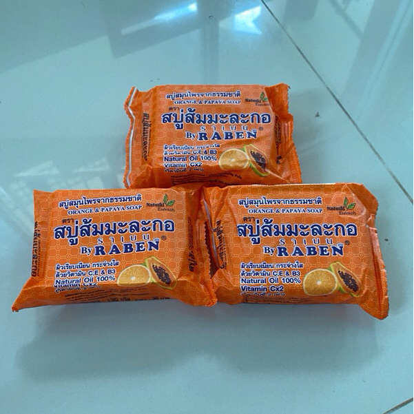 [ ขนาด 130 กรัม ] Raben Orang & Papaya soap ส้มมะละกอ ฟองเนียนนุ่มแพ็ค 3 ก้อน