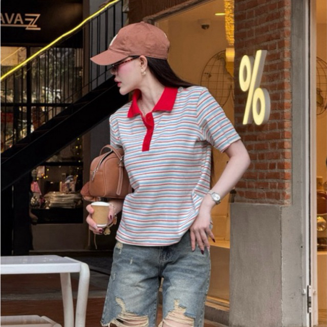 Polo tamato crunchy โปโล Oversize ผ้านุ่มยืดได้เยอะ ลายแดงสลับฟ้าน่ารักสุดๆ
