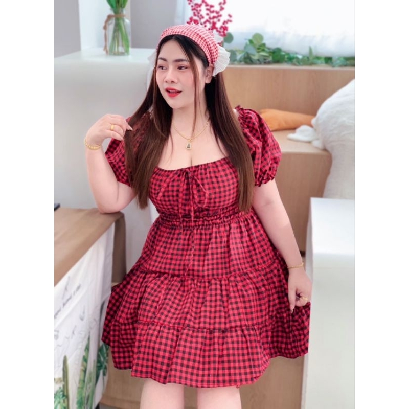 พร้อมส่ง เดรสสก็อตสาวอวบ ระบาย ผ้าคอตต้อนทอ