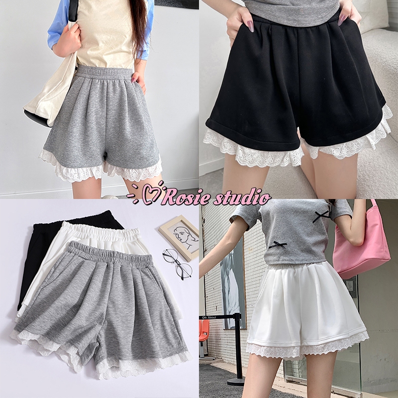 Rosie พร้อมส่ง🌈กางเกงขาสั้นผู้หญิง✨กางเกงเอวสูงทรงเอ แต่งลูกไม้ มีกระเป๋าด้สวย ผ้าใส่สบายกระชับสัดส่วน ลำลอง สไตล์เกาหล