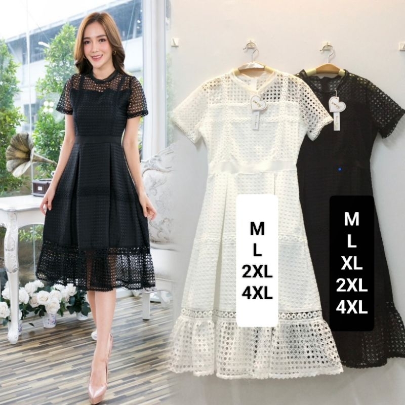 ส่งทุกวัน❗เดรสดำออกงาน!!! M-4XL Mini Dress เดรสสีดำแขนสั้นผ้าฉลุลาย งานป้าย