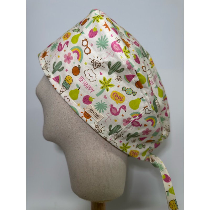 Scrub Caps หมวกผ่าตัด สีครีมอ่อน ลาย Be happy (คอตตอนนำเข้า คอตตอนเกาหลี)