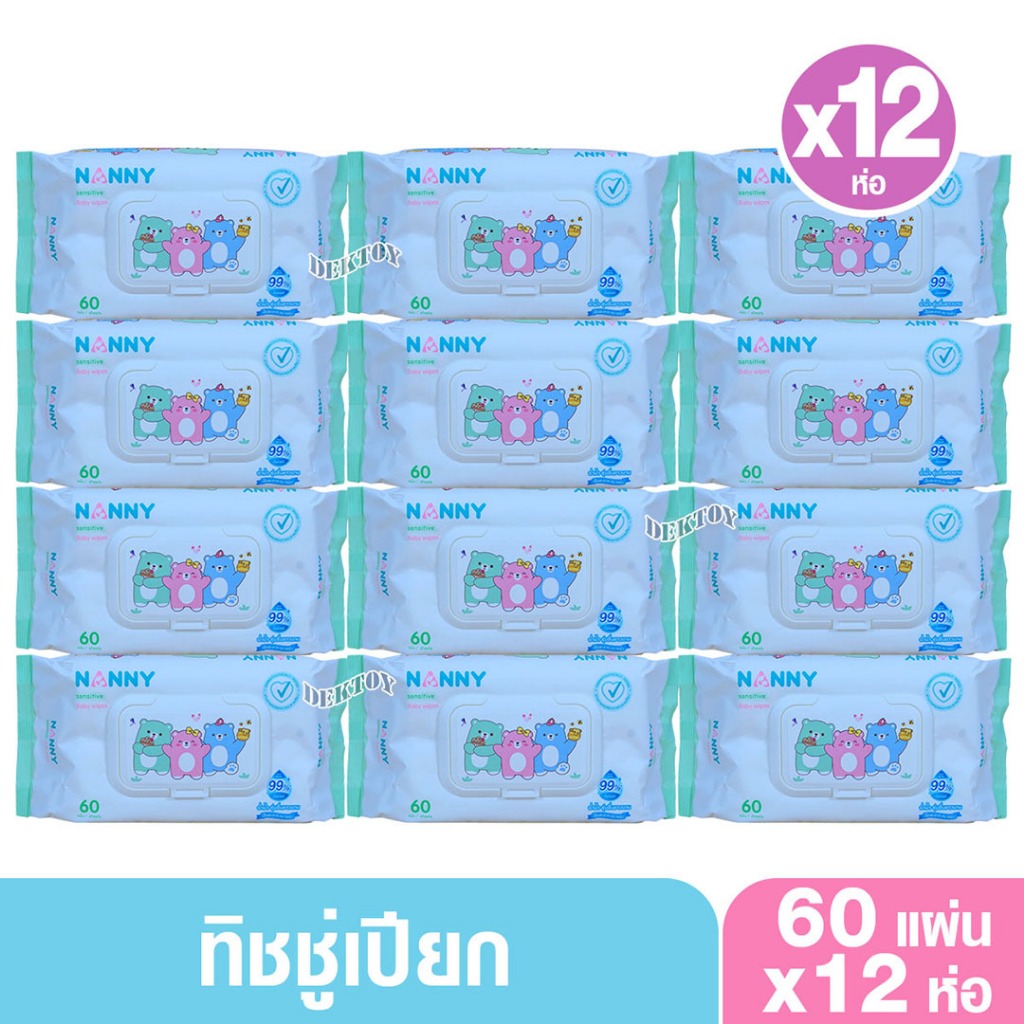 แพ็ค 6 ห่อ NANNY แนนนี่ ทิชชู่เปียก เบบี้ไวพส์แนนนี่  60 ชิ้น สูตรน้ำบริสุทธิ์