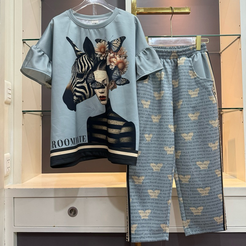 Rm30  ชุดเสื้อกางเกงขา9ส่วน แขนระบาย ลายน่ารัก สำหรับผู้หญิง - Women