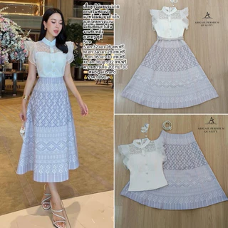 S-XXL ชุดเดรสพิมพ์ลายไทยสีขาว,ชมพู,ครีม,ม่วง,ฟ้า,น้ำเงิน,กรม,เขียว กระโปรงทรงเอบาน #Abigail