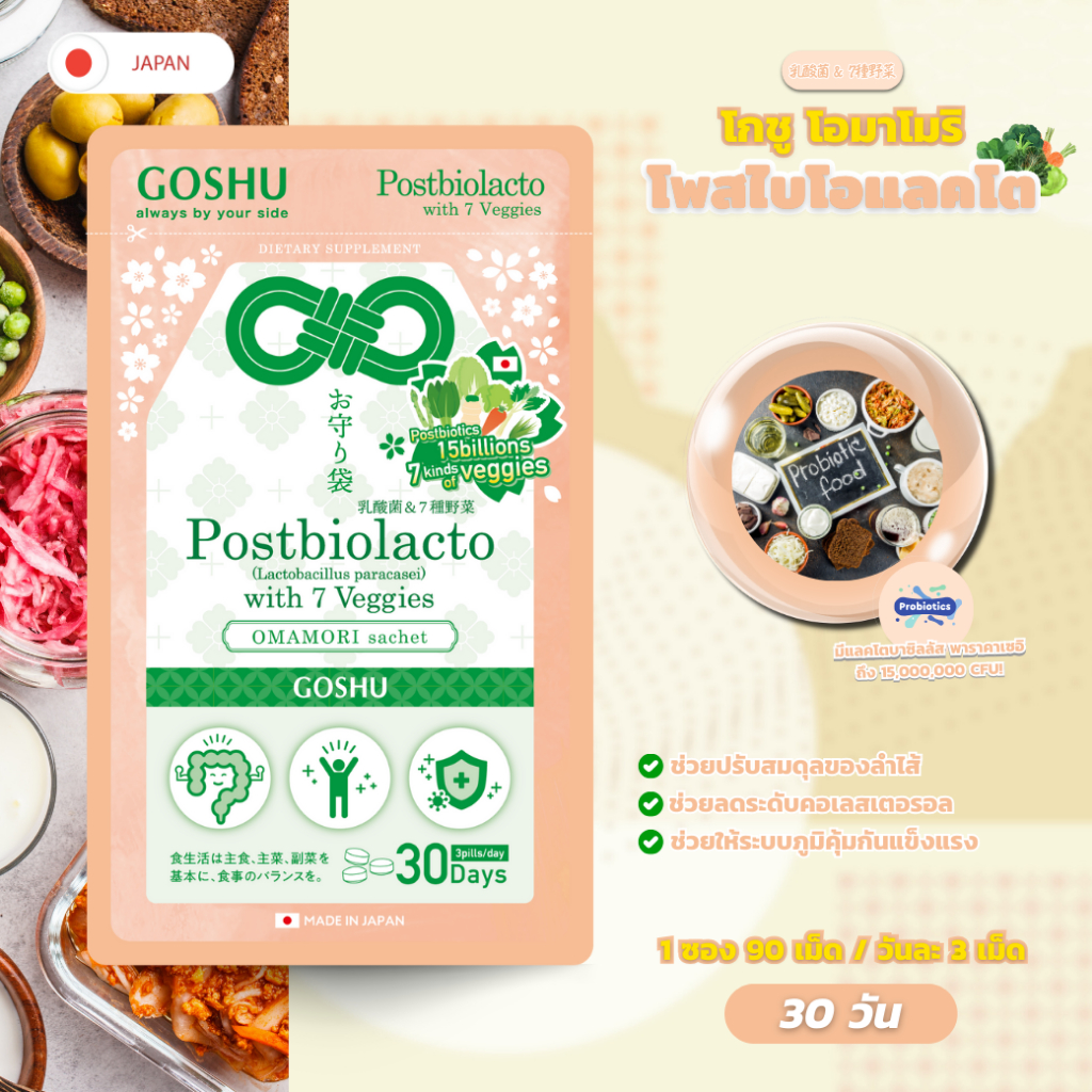 (สินค้าใกล้ Expire) วิตามินอาหารเสริม GOSHU OMAMORI Postbiolacto with 7 มีส่วนช่วยปรับสมดุลลำไส้ สุขภาพดีเริ่มที่ลำไส้