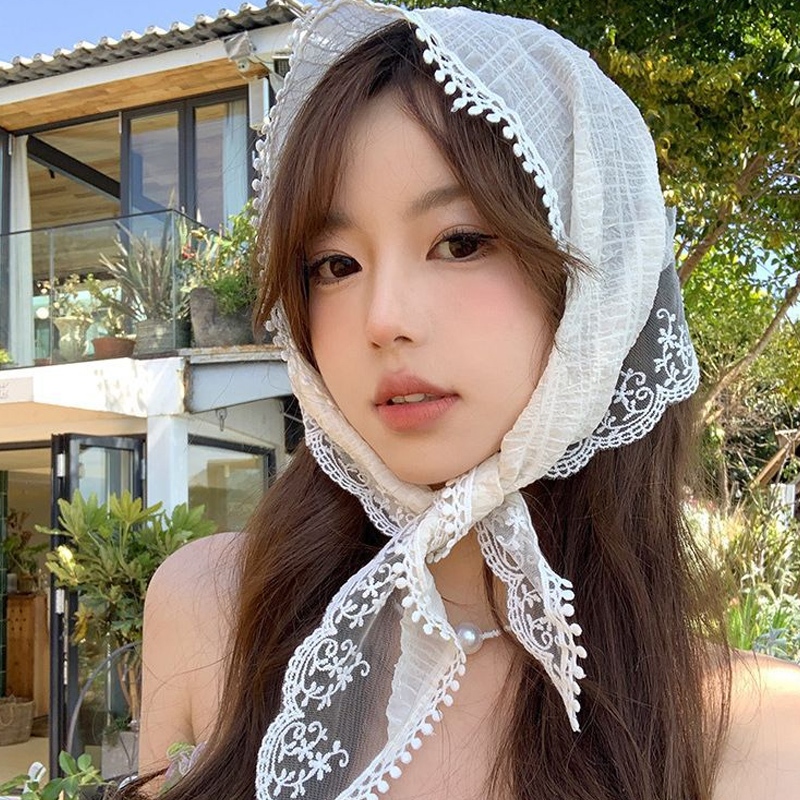 Rubuyou ผ้าพันคอ ผ้าโพกศีรษะ ทรงสามเหลี่ยม แต่งลูกไม้ ลายดอกไม้  แฟชั่นฤดูร้อน สไตล์ฝรั่งเศส ระบายอากาศ ถอดออกได้