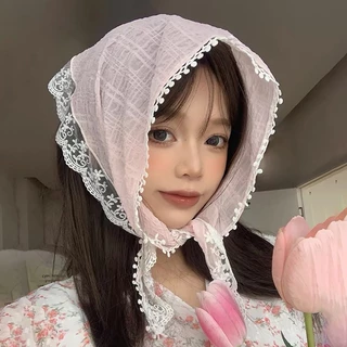 Rubuyou ผ้าพันคอ ผ้าโพกศีรษะ ทรงสามเหลี่ยม แต่งลูกไม้ ลายดอกไม้ แฟชั่นฤดูร้อน สไตล์ฝรั่งเศส ระบายอากาศ ถอดออกได้