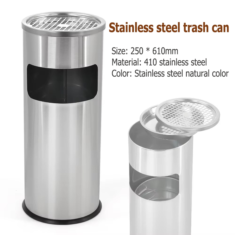 ถังขยะ ทรงกระบอกสูง พร้อมที่เขี่ยบุหรี่ ถังขยะสแตนเลส ถังขยะทรงสูง stainless steel bin garbage bin outdoor แข็งแรงทนทาน